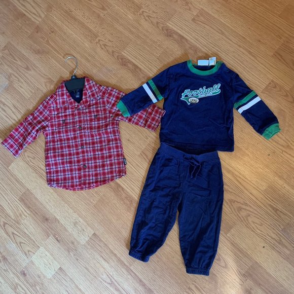 BOYS - 3 pc lot sz 18 M, 2pc outfit jogger suit football applique, red plaid top - Picture 1 of 4